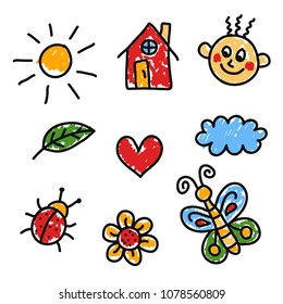 Childish naive preschool colorful cute drawings doodle vector set