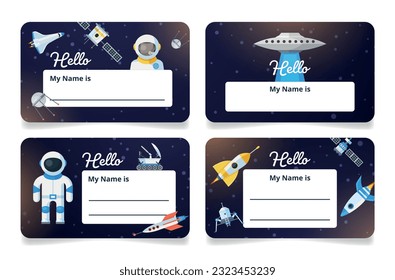 Childish name tags space astronaut cosmos travel with place for text set vector illustration. Kids school kindergarten paper stationery for reminder rocket globe galaxy satellite spaceship label notes