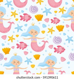 Childish nautical seamless pattern. Cute mermaid, seashells, marine animals. Background for fabric print, texture and wrapping paper.