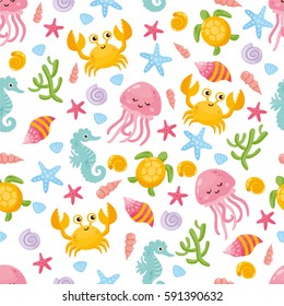 Childish nautical seamless pattern. Cute jellyfish, seashells, marine animals. Background for fabric print, texture and wrapping paper.