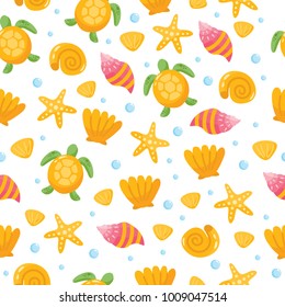 Childish nautical seamless pattern. Seashells, marine animals and turtle. Background for fabric print, texture and wrapping paper.