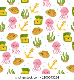 Childish nautical seamless pattern. Seashells, treasure, anchor, jellyfish. Background for fabric print, texture and wrapping paper.