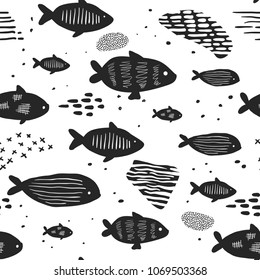 Childish Nautical Seamless Patterns with Cute Fish. Underwater Creatures Background for Fabric, Wallpaper, Wrapping Paper. Vector illustration