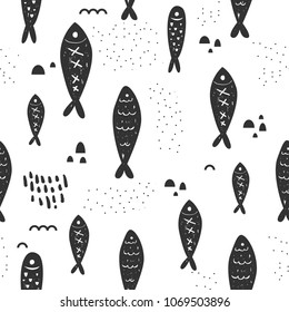 Childish Nautical Seamless Patterns with Cute Fish. Underwater Creatures Background for Fabric, Wallpaper, Wrapping Paper. Vector illustration
