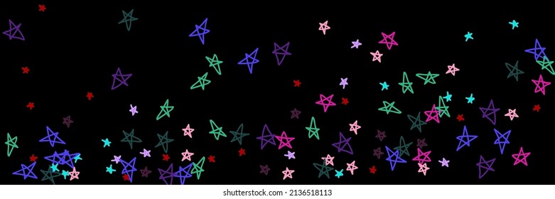 Childish Night Violet Mint Kids Bordo Chaotic Handdrawn Stars. Purple Colorful Multicolor Vivid Green Pink Pastel Black Sky Background. Red Stars Dark Lavender Vibrant Bright Naive Design Pic.