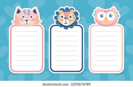 Childish notebook page with cute animals set. Daily planner, card, hotes, organizer vector illustration