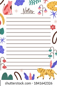 Kinderheft- oder Planerseite mit süßen Blumen, Tieren und abstrakten Formen. Modernes Leerzeichen für die Liste, Noten Blatt Vorlage. Flache Vektorgrafik auf weißem Hintergrund.