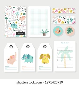 Childish notes, stickers, labels and tags with cute elephants. Design elements. Vector illustration.