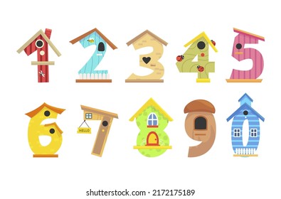 Gráfica vectorial de la colección de diseño de los hogares infantiles. Los niños cuentan elemental aprendiendo lección matemática linda casa hecha a mano de madera para los pájaros. Símbolos de educación aritmética caja anidante