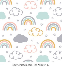 Childish nursery vector design for clouds rainbow pattern. Cute doodle decorative scandinavian print for textile fabric wallpaper. Vector illustration.