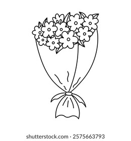 Childish outline bouquet of flowers for present at Valentine day, birthday, International Women Day, wedding. Hand drawn spring floral gift. Cute doodle of bunch of flower blossom isolated on white.