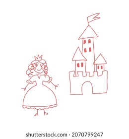 Childish painting of princess in dress with crown and castle, doodle vector illustration isolated on white background. Kids like drawing for nursery, kindergarten or preschool design.