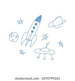 Childish painting of space rocket, ufo and planet saturn, doodle vector illustration isolated on white background. Kids like funny scribbles in hand drawn style.