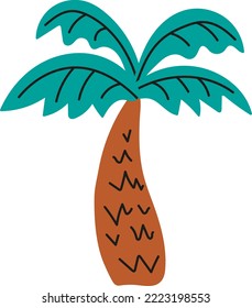 Childish palm tree icon. Rainforest clipart to create jungle landscape, bright natural background. Colored doodle for design of children's product. Themes of pirate, ocean vacation, travel, dinosaurs.
