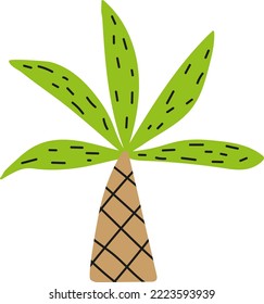 Childish palm tree icon. Rainforest clipart to create jungle landscape, bright natural background. Colored doodle for design of children's product. Themes of pirate, ocean vacation, travel, dinosaurs.