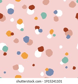 Childish paper cut shape pink terrazzo vector seamless pattern. Quirky dots baby abstract print design Colourful whimsical geometric background