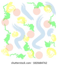 Childish pastel background for splash template, funny doodle drawing. Multicolored pattern in a modern design style, composition of strokes and wavy lines.
