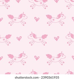 Childish pastel seamless pattern with unicorn. Cute hand drawn pink endless background with fantasy creature and hearts for little girls. Repeat vector illustration for fabric, textile