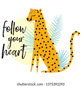 childish pattern with African leopards. big cats.wrapping, textile, wallpaper, apparel. Vector illustration background in white, blue and yellow.follow your heart