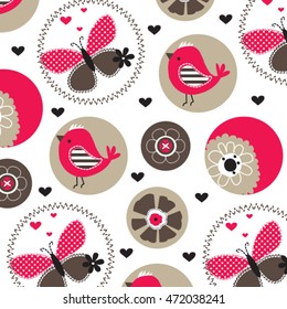 childish pattern with bird and butterfly vector illustration