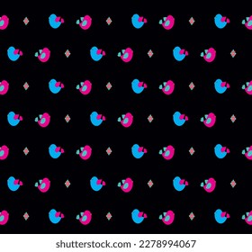 Childish pattern in black background. Bright cartoon birds and flowers between them. Vector illustration. All elements are editable and isolated.