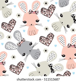 childish pattern with bunny, easter pattern with bunny girls, hand drawn bunnies background, wrapping paper vector illustration