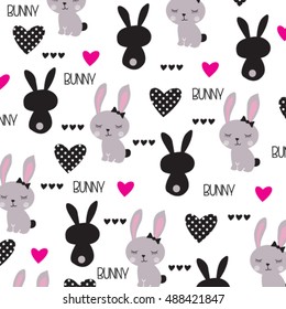 childish pattern with bunny and heart on white background, happy easter pattern vector illustration