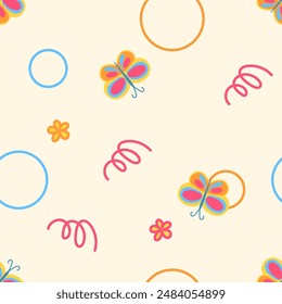 Patrón infantil con mariposas y líneas en espiral. Ilustración vectorial