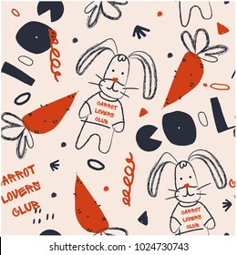 Childish pattern with carrots and rabbits.