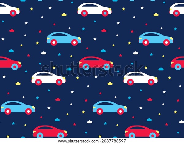 Childish pattern with cars for kids.\
Transport for fabric print of clothes boys jackets. Seamless\
texture cartoon vehicles for baby textile. Automobile wallpaper for\
nursery design. Dark\
illustration.