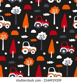 Childish pattern with cars. Print with tractors for infant boys. Children's farm transport rides. Dark seamless print for nice jacket fabric. Black background wallpaper. Hand drawn baby illustration.