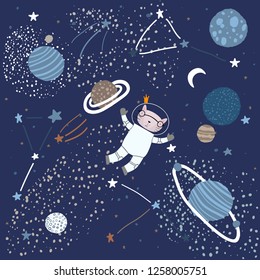 Childish Pattern with a Cat in Space Elements Like Stars, Planets, and Constellations. Creative Abstract Nursery Background. Perfect for Kids Design, Fabric, Wrapping, Wallpaper, Textile, Apparel