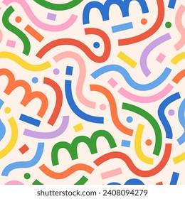 Childish pattern with colorful curves and geometric shapes. Fun and colorful seamless geometric pattern. Confetti background. Pattern with dots, curves and lines.