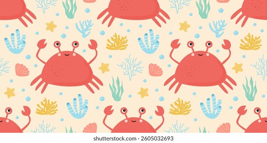 Childish pattern with crabs, corals and starfish