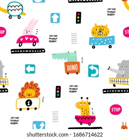 Childish pattern with cute animals in cars. Great background for fabrics and textiles, nursery wallpaper. Vector Illustration.