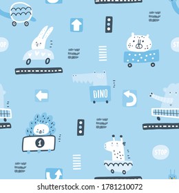 Childish pattern with cute animals in cars. Great background for fabrics and textiles, nursery wallpaper. Vector Illustration. Blue background.
