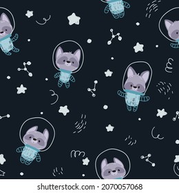 Childish pattern with cute astronaut raccoon. Space Adventure. Seamless pattern for fabric, paper, wrapping, clothing, textile, wallpaper. Vector illustration
