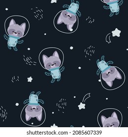 Childish pattern with cute astronaut raccoon. Space Adventure. Seamless pattern for fabric, paper, wrapping, clothing, textile, wallpaper, cards, t-shirt prints. Vector illustration