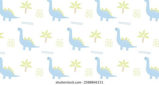 childish pattern with cute dinosaurs seamless pattern for backgrounds, presentations, wrapping papers, prints, artworks. Vector illustration