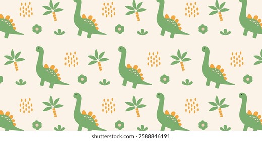 childish pattern with cute dinosaurs seamless pattern for backgrounds, presentations, wrapping papers, prints, artworks. Vector illustration