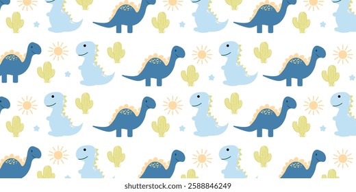 childish pattern with cute dinosaurs seamless pattern for backgrounds, presentations, wrapping papers, prints, artworks. Vector illustration