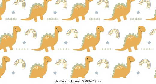 childish pattern with cute dinosaurs seamless pattern for backgrounds, presentations, wrapping papers, prints, artworks. Vector illustration