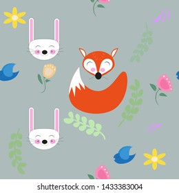 Childish pattern with cute fox and rabbit, vector illustration
