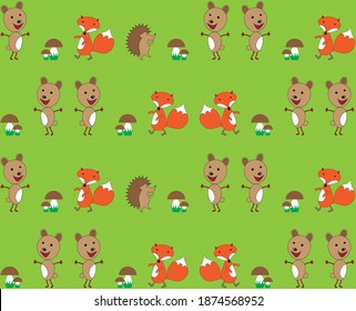 Childish pattern with cute hedgehogs, bears, foxes and mushrooms on a green background. Vector illustration.