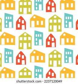 Childish pattern with cute houses . Kids print with a city. Vector illustration in cartoon style. Flat style.