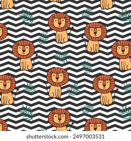 Childish pattern with cute little lion, nursery seamless background. Perfect for for kids bedding, fabric, wallpaper, wrapping paper, textile, t-shirt print. Hand drawn vector illustration.