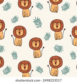 Childish pattern with cute little lion, nursery seamless background. Perfect for for kids bedding, fabric, wallpaper, wrapping paper, textile, t-shirt print. Hand drawn vector illustration.