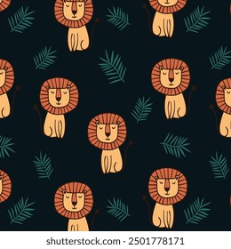 Childish pattern with cute little lion, nursery seamless background. Perfect for for kids bedding, fabric, wallpaper, wrapping paper, textile, t-shirt print. Hand drawn vector illustration.