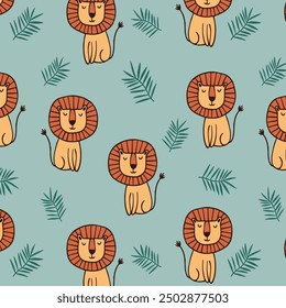 Patrón infantil con leoncito lindo, fondo sin fisuras de vivero. Perfecto para la ropa de cama de los niños, tela, Fondo de pantalla, papel de embalaje, textil, impresión de la camiseta. Ilustración vectorial dibujada a mano.