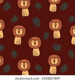 Childish pattern with cute little lion, nursery seamless background. Perfect for for kids bedding, fabric, wallpaper, wrapping paper, textile, t-shirt print. Hand drawn vector illustration.